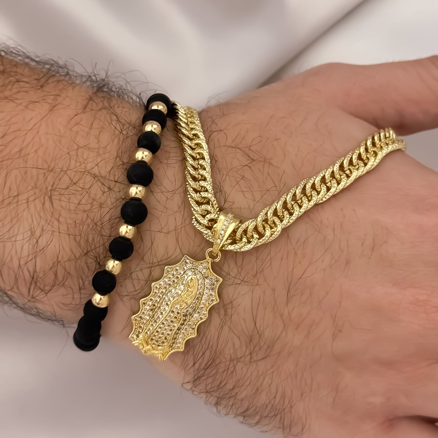 Cadena Tejido Cubana Continua Gruesa de 60CM DE 5MM + Virgen de Guadalupe Tallada con Micro Circones