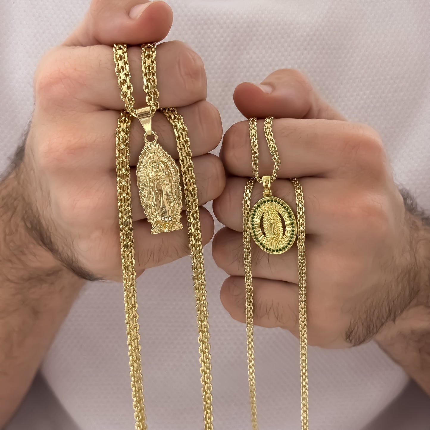 Promocion de Cadenas Para Parejas en Tejido Chino de Dama de 45cm + Hombre de 60cm con Dije de Virgen de Guadalupe Tallada en Oro Laminado 18k con Garantía de por vida