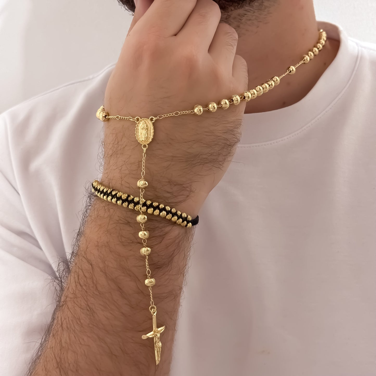 Camandula de Virgen de Guadalupe en Balin Italiano de 6mm + Pulsera Tejida Balin Italiano de 4mm en Oro Laminado 18k con Garantia de por vida