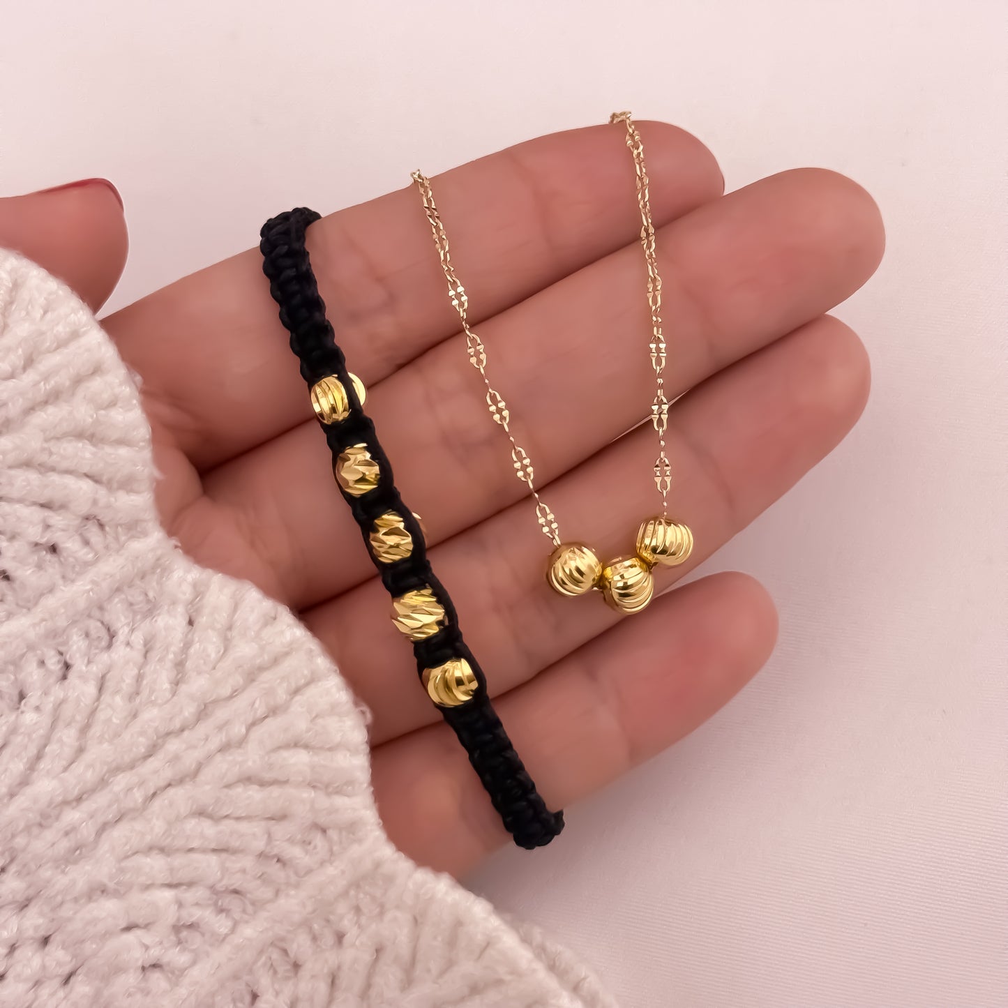 Cadena Tejido Crispeta de 45cm de 2mm + Balines Diamantado de 6mm + Pulsera Tejida Balin Italiano de 6mm en Oro Laminado 18k con Garantia de por vida