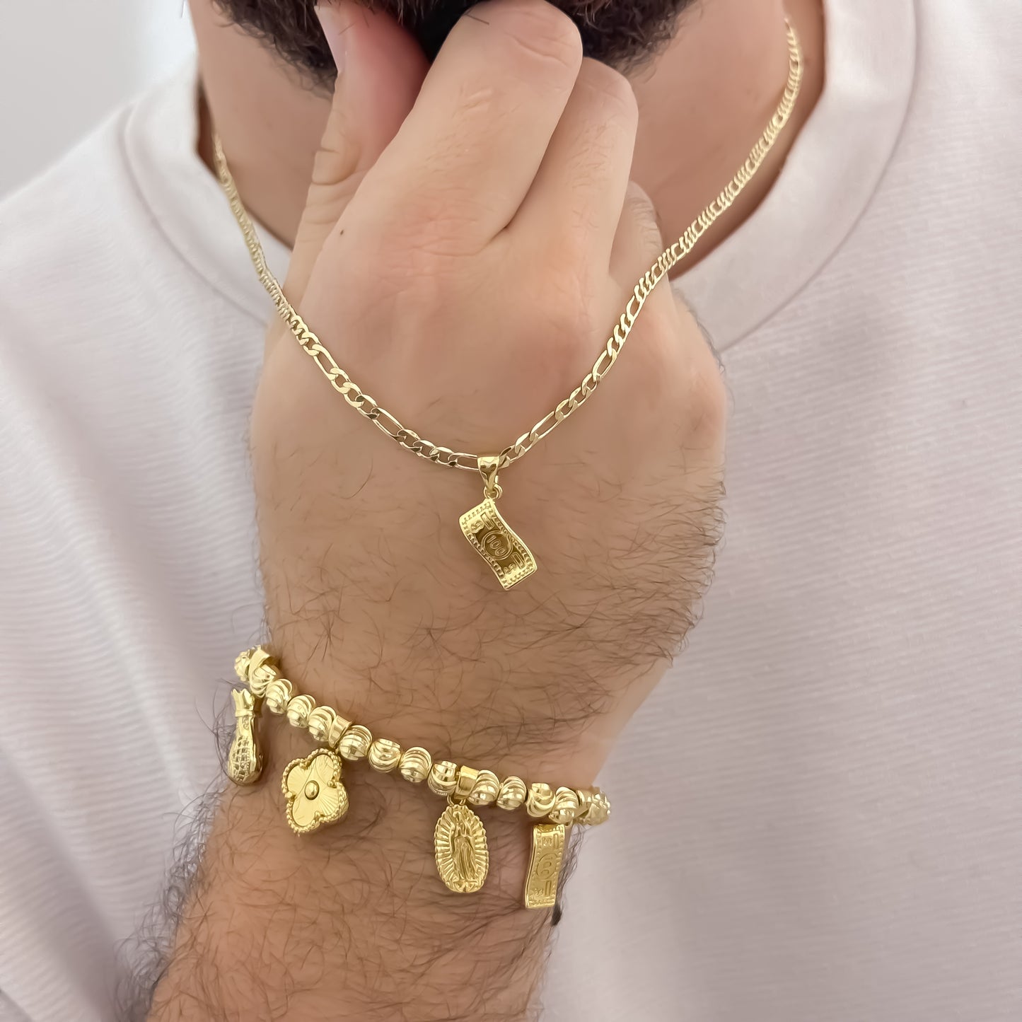 Cadena Tejido Catier de hombre de 60cm de 3mm de grosor + Dije de Dolar + Pulsera de Abundancia y Prosperidad en Oro Laminado 18k con Garantia de por vida