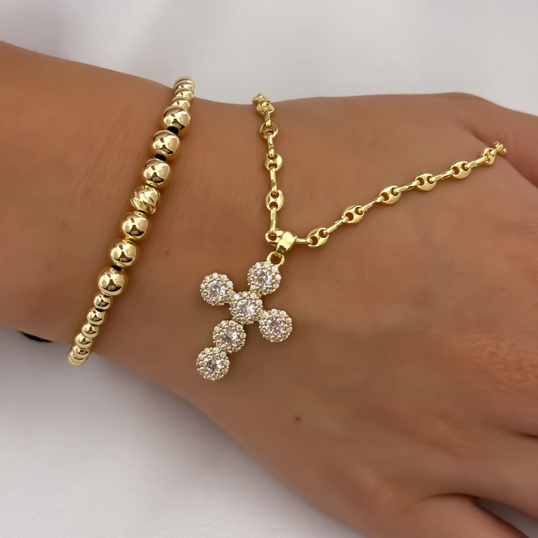 Cadena Tejido Gucci de Dama de 45cm de 3mm de Grosor + Cruz Blanca con Micro Circones Cristales + Pulsera Full balines de 4mm en Oro Laminado 18k con Garantia de por vida