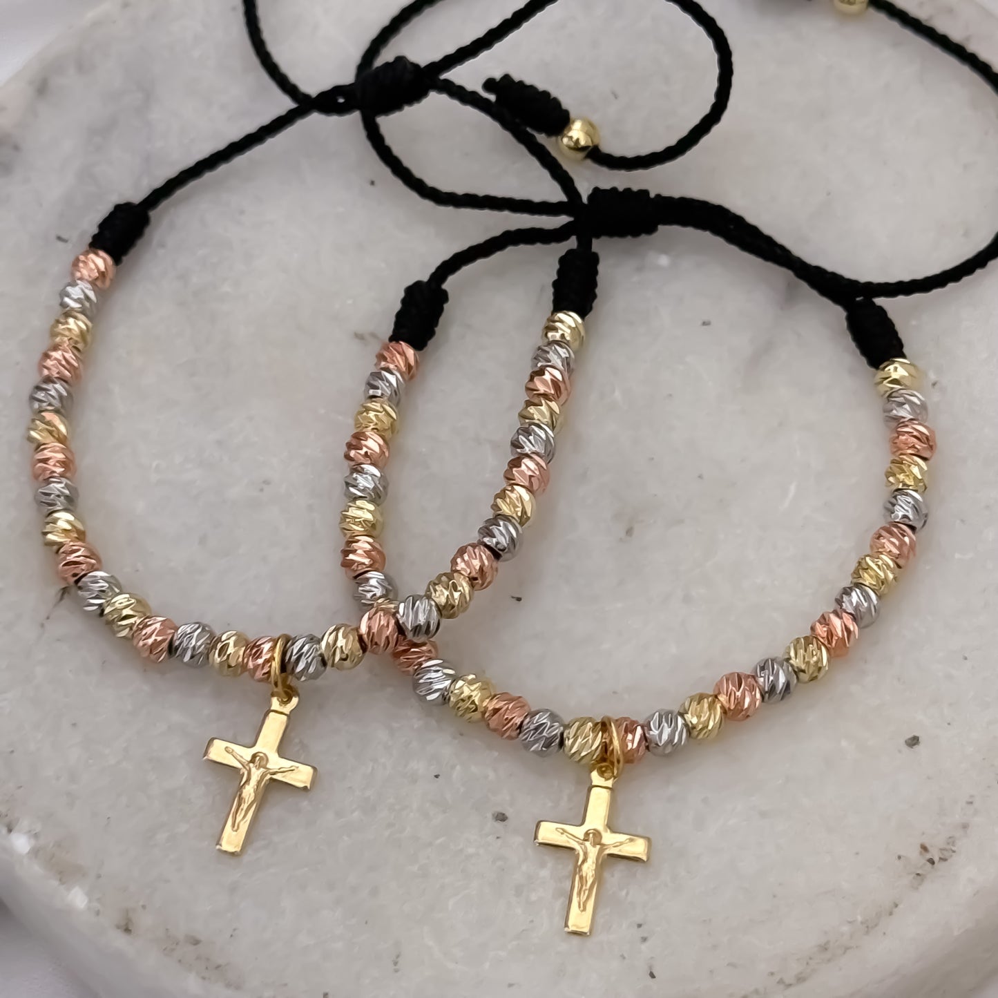 Pulseras para Parejas de 3 Oros en Balin Italiano con cruz cristo Madero Proteccion en Oro Laminado 18k con Garantia de por vida