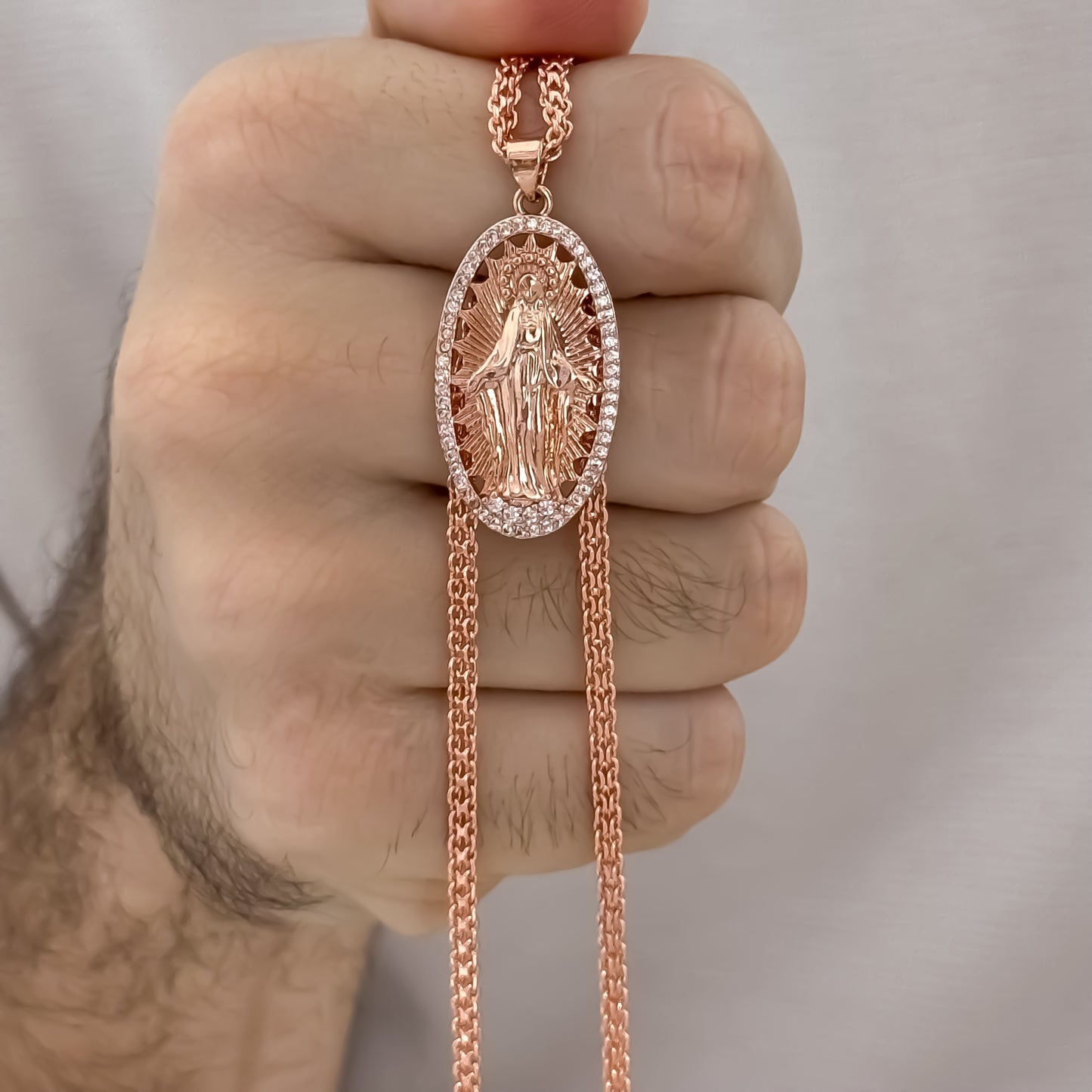 Cadean Tejido Chino de Hombre en Oro Rosa de 60cm de 4mm de Grosor + Virgen Milagrosa en Oro laminado 18k