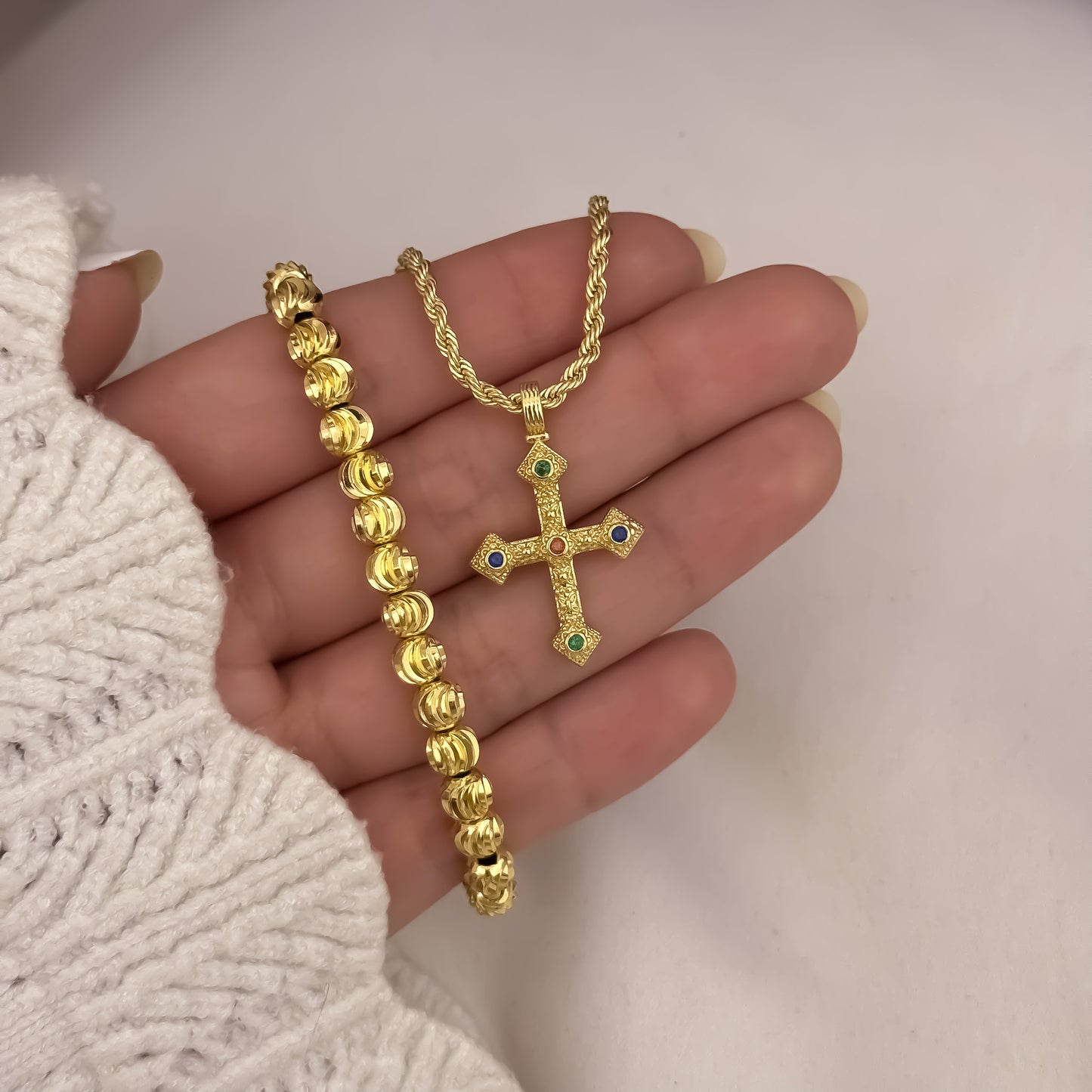 Cadena Tejido Lazo Siciliano de 45cm de 3mm + Cruz Micro Circones Cristales + Pulseras Balin Italiano de 6mm en Oro Laminado 18k con Garantia de por vida