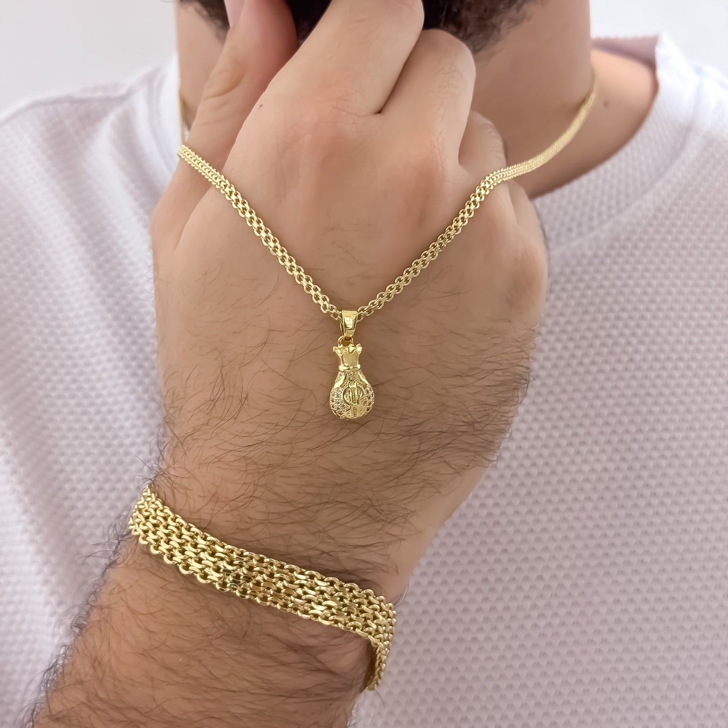 Cadena Tejido Chino de Hombre 60cm de 3mm + Dije de Bolsa de Dinero con micro circones + Pulsera Chino Gruesa de 10mm en Oro Laminado 18k con Garantia de por vida