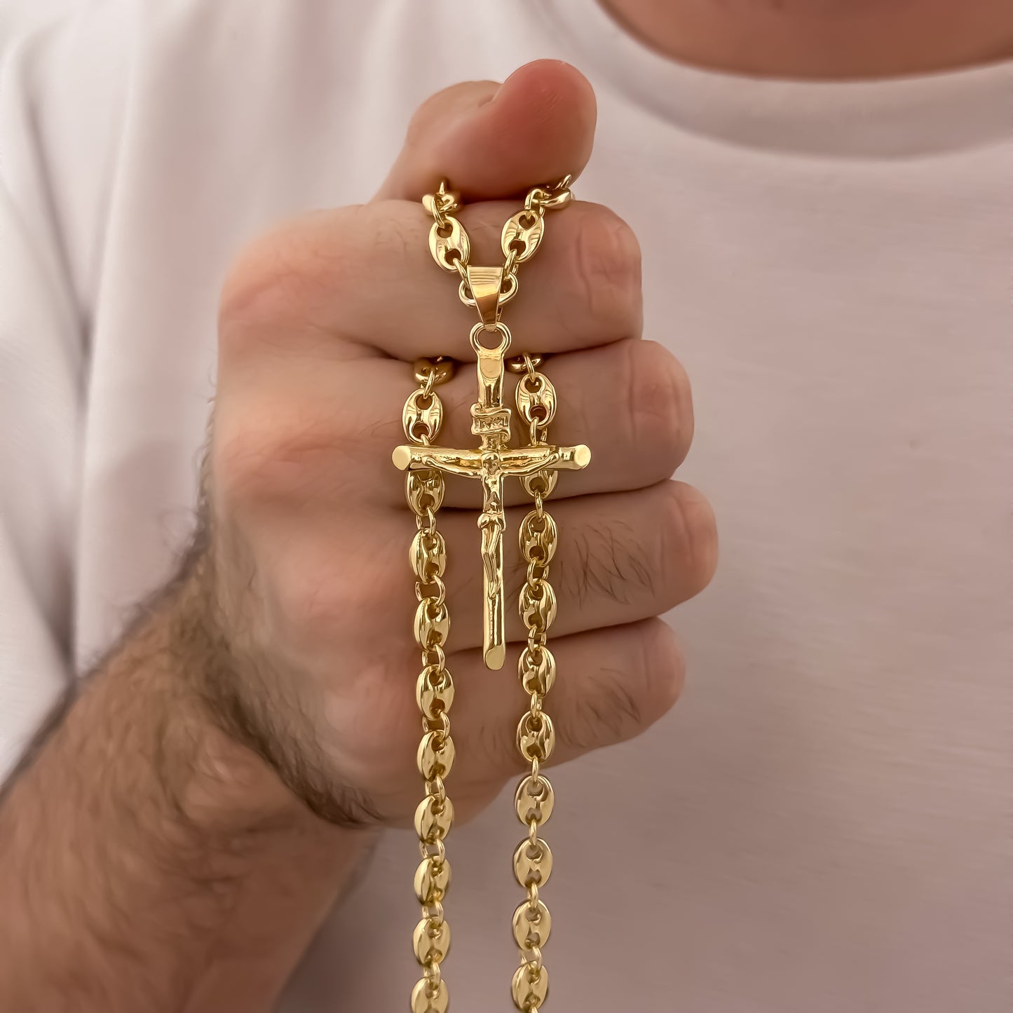 Cadena Tejido Gucci de Hombre de 62cm de 5mm + Cruz Cristo Madero Protección en Oro Laminado 18k con Garantía de por vida