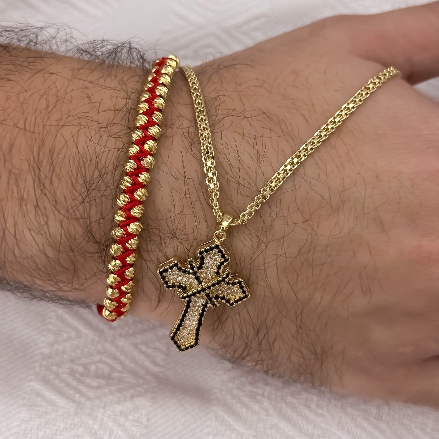 Cadena Tejido Chino de Hombre de 60cm de 3mm + Cruz Con Micro circones Negro + Pulsera Doble Carril en Balin italiano de 4mm en Oro Laminado 18k con Garantia de por vida L