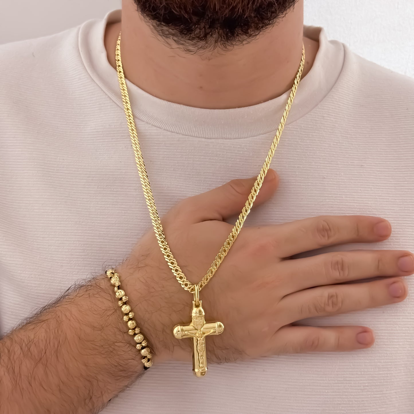 Cadena Tejido Cubana Cruzada de hombre de 60cm de 5mm + Cruz Cristo Madero Grueso + Pulsera Doble Carril en balin Italiano de 5mm-3mm en Oro Laminado 18k con Garantia de por vida