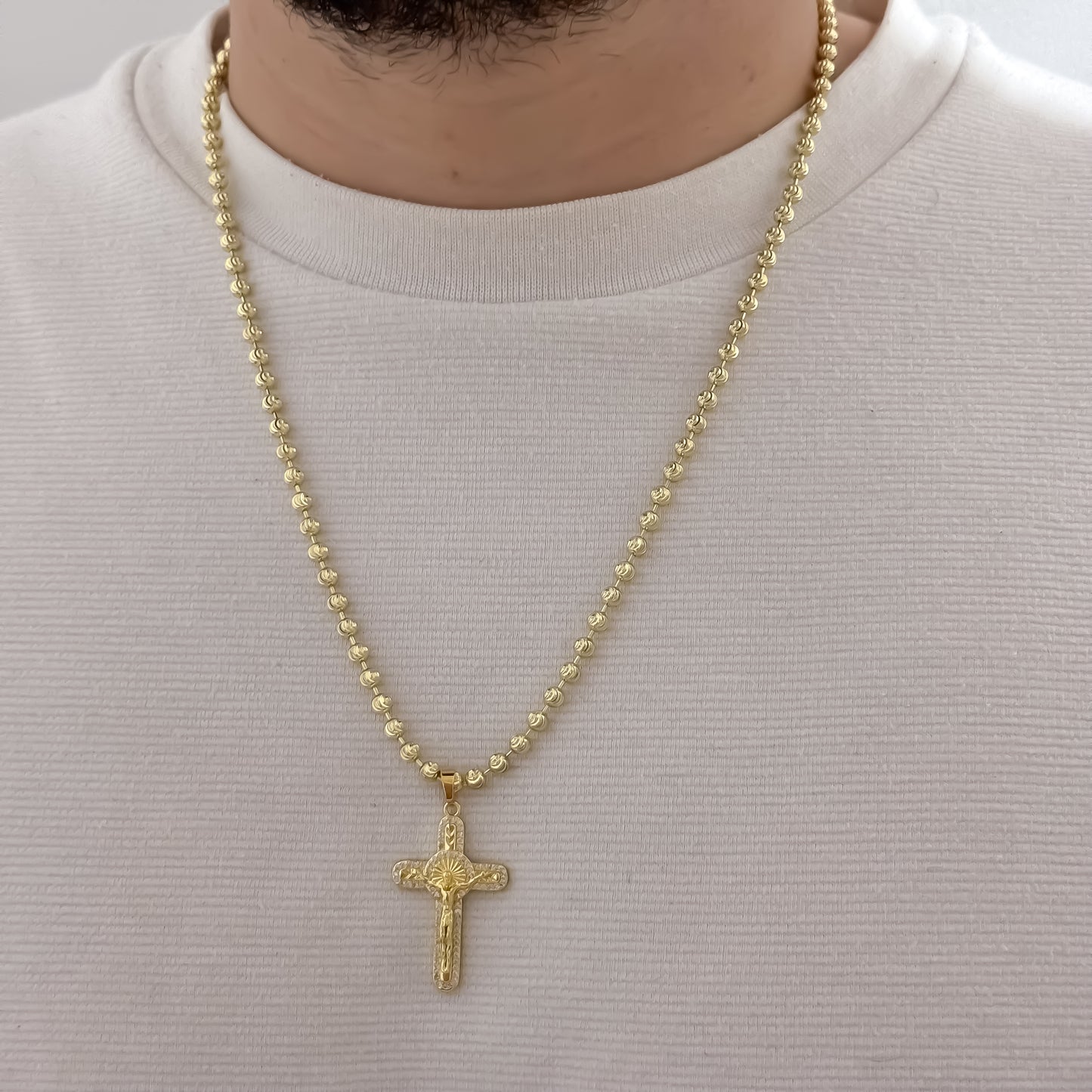 Cadena Tejido Militar Diamantada de 60cm de 4mm + Cruz Cristo Cristal en Oro Laminado 18k con Garantia de por vida
