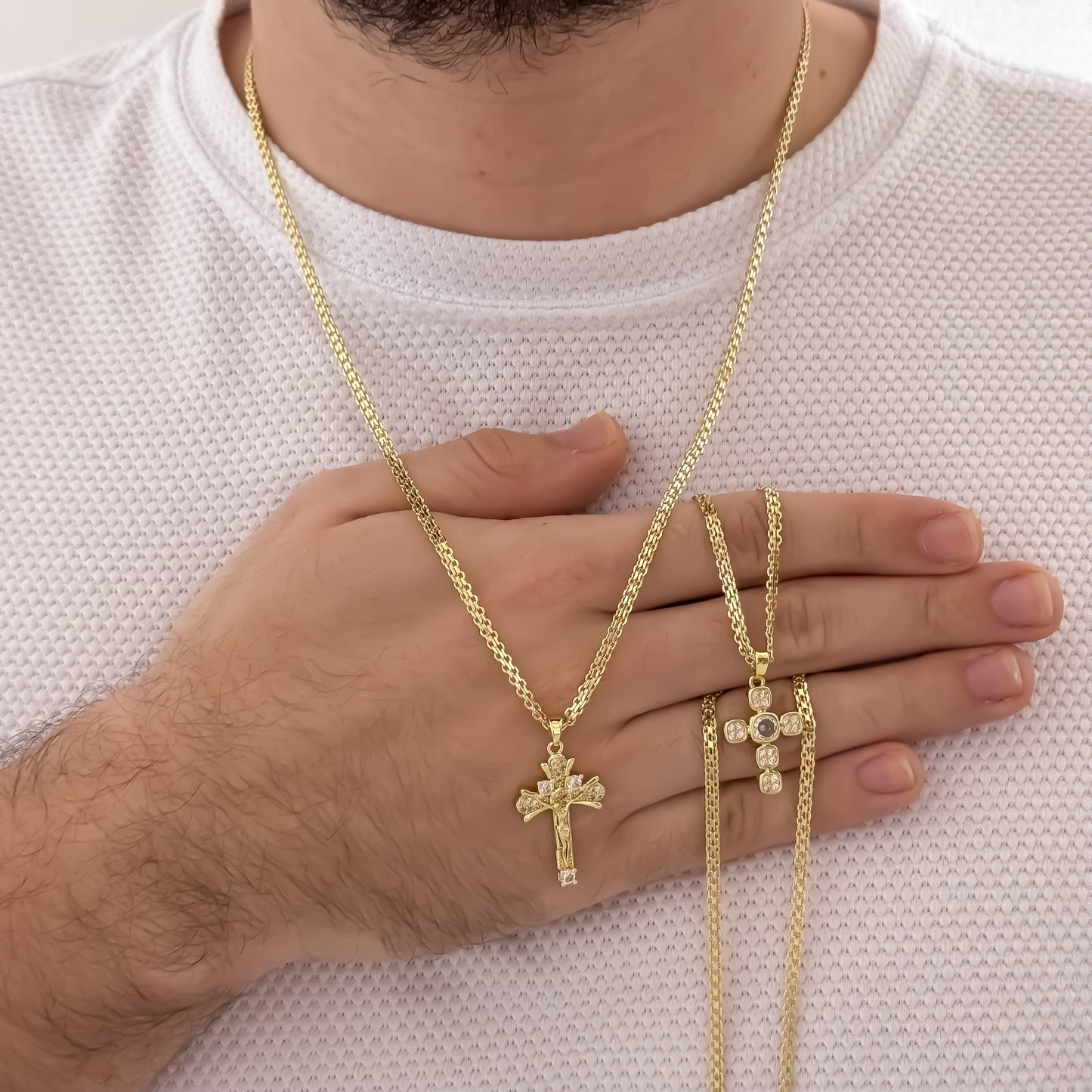 Juego de 2 Cadena Tejido Chino para Parejas de Hombre de 60cm + de Dama de 45cm + Cruz Cristo Madero en Oro Laminado 18k con Garantia de por vida