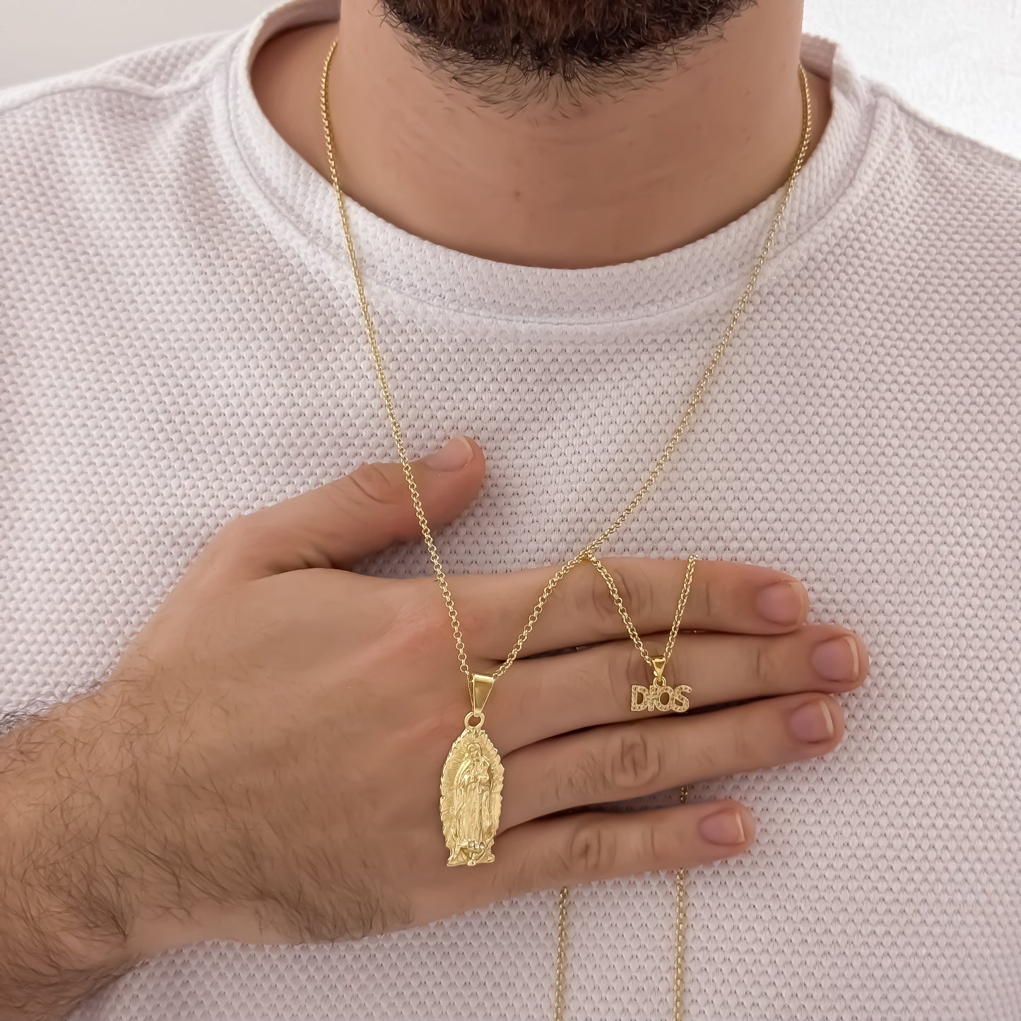 Promocion de Amor y Amistad Cadenas para Parejas de Hombre 60cm y Dama 45cm con Dije de Virgen de Guadalupe + Dije de Dios en Oro Laminado 18k con Garantia de por vida