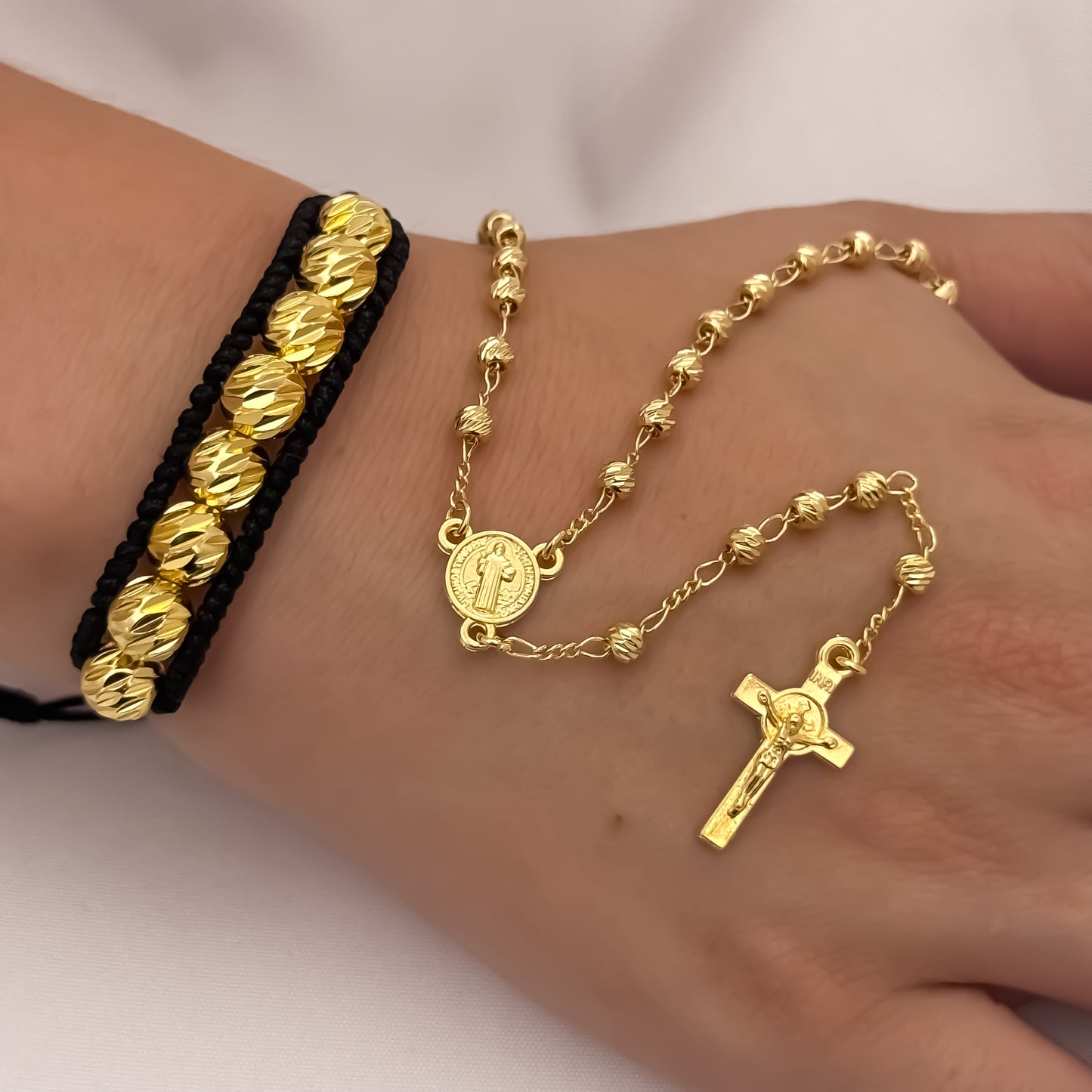 Camándula de San Benito Protección de 45cm de 4mm de Grosor + Pulsera Balin Italiano de 8mm en Oro Laminado 18k con Garantia de por vida