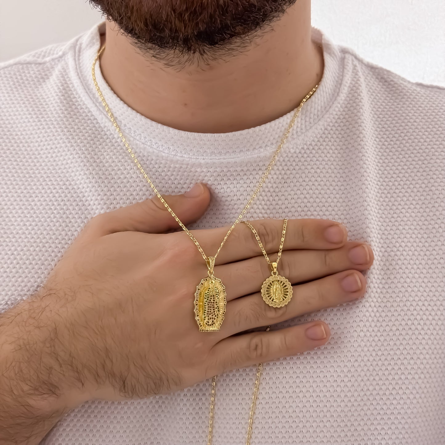 Promocion de Amor y Amistad Cadenas para Parejas de Hombre 60cm y Dama 45cm con Dije de Virgen de Guadalupe en Oro Laminado 18k con Garantia de por vida