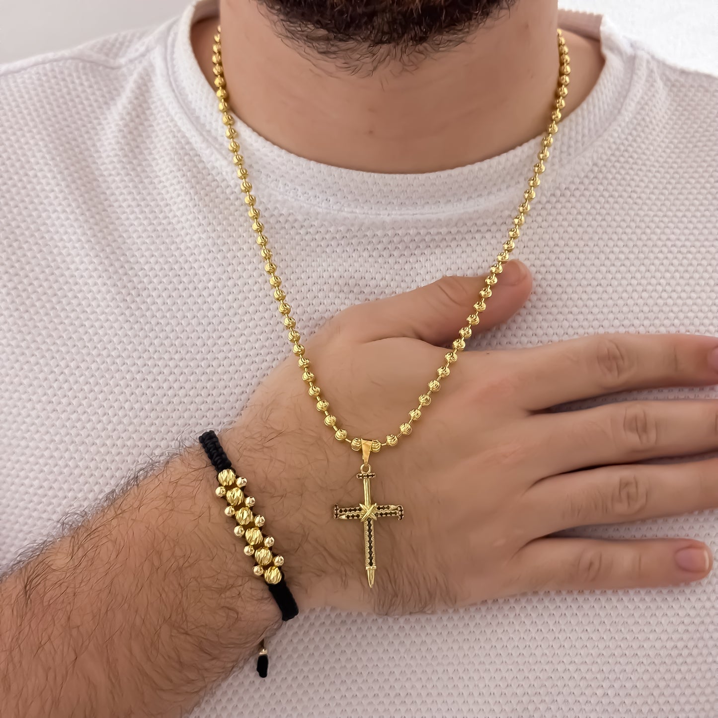 Cadena Militar Diamantada de 60cm de 4mm + Cruz Con Micro Circones Negro + Pulsera Balin Italiano 4MM de 3 Carriles en Oro Laminado 18k con Garantia de por vida