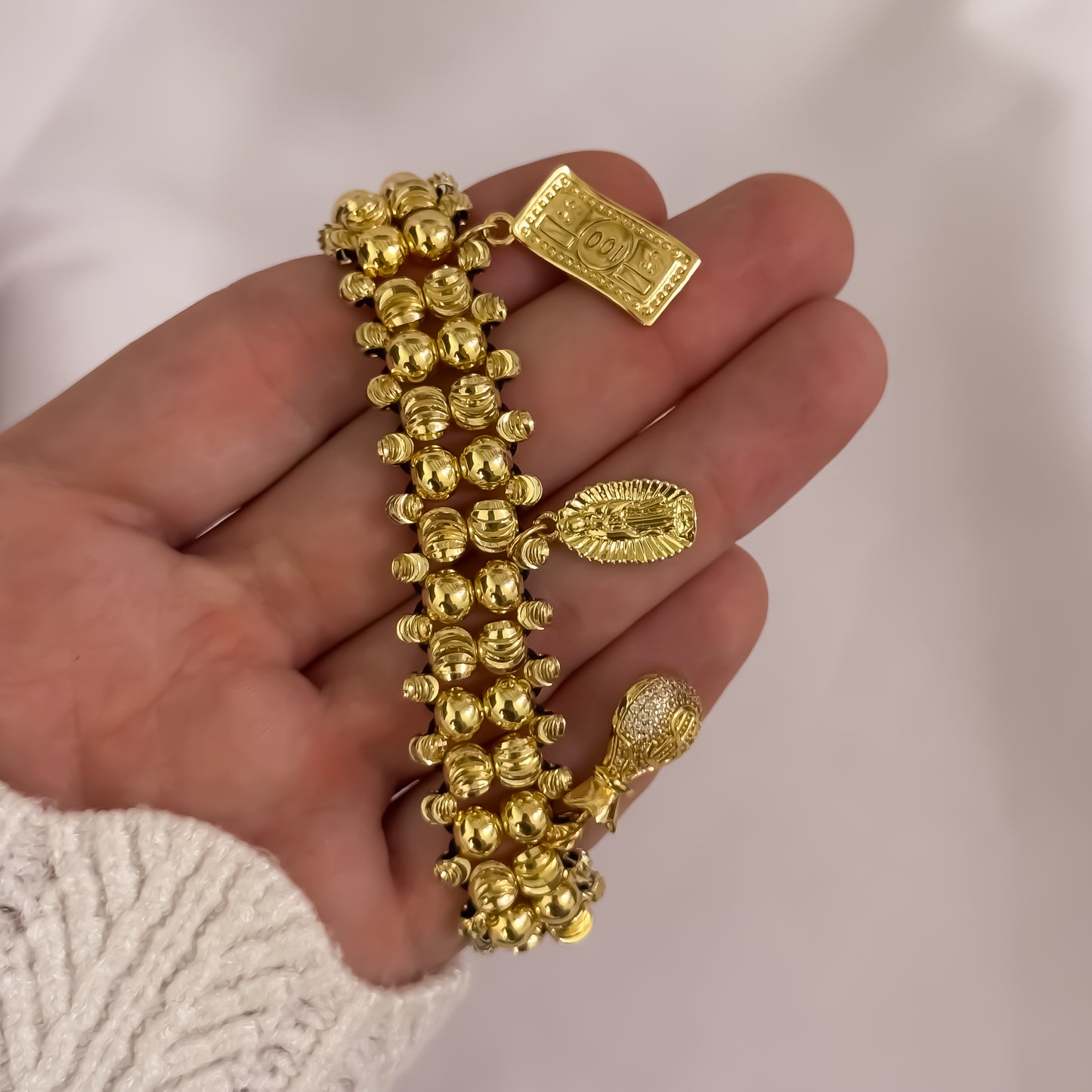 PULSERAS DE 3 CARRILES DE ABUNDANCIA Y DEVOCION EN BALIN ITALINAO Y LISO DE 4MM CON BILLETE DE DOLAR + VIRGEN DE GUADALUPE + BOLSA DE DINERO EN ROO LAMIANDO 18K CON GARANTIA DE POR VIDA
