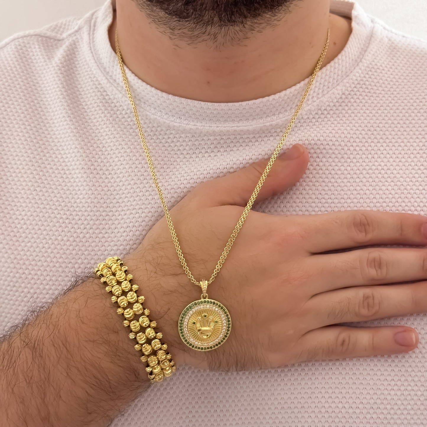 Cadena Tejido Chino de hombre de 60cm de 3m + Corona Rolex con Micro Circones Verde Esmeralda + Pulsera 3 Carriles Balin Italiano en Oro Laminado 18k con Garantia de por vida