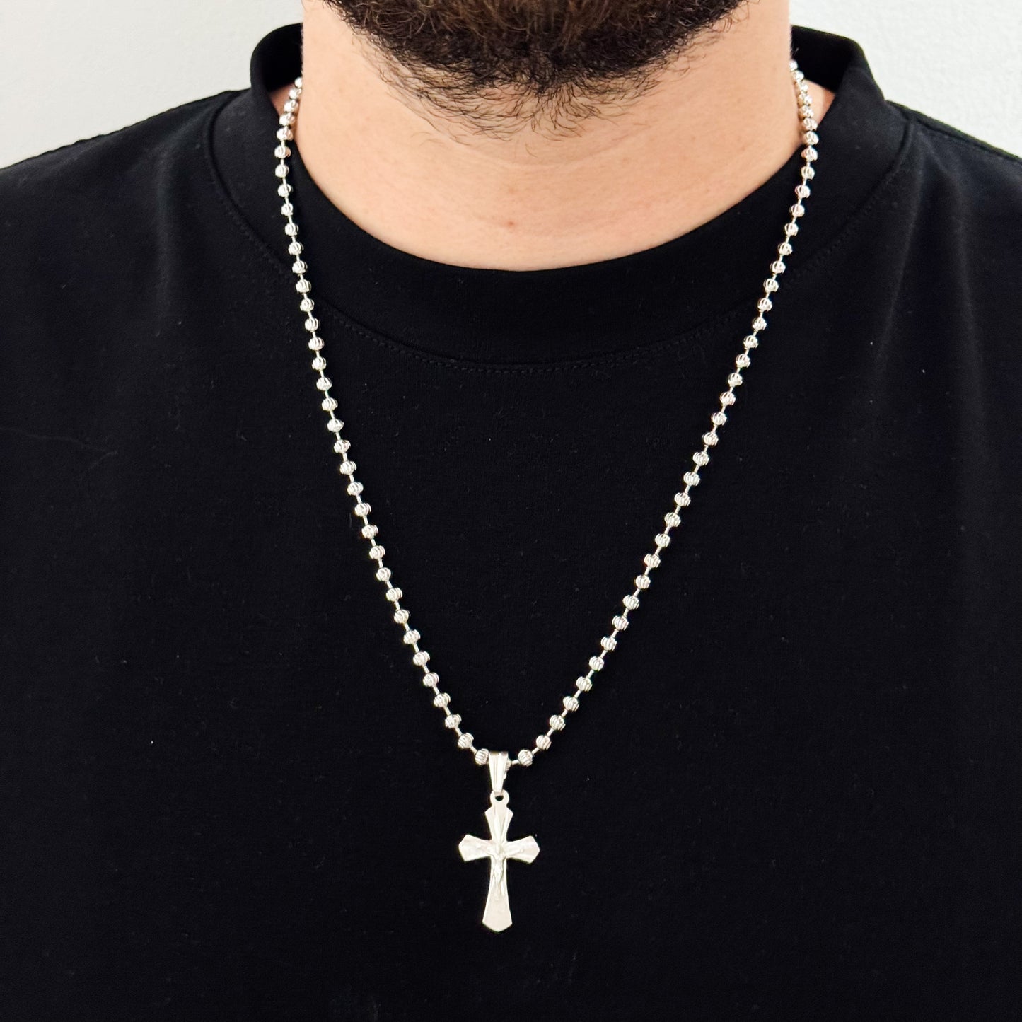 Cadena Militar de Hombre Diamantada de 60cm de 3mm + Cruz Cristo Madero en Plata 925 con Garantia de por vida