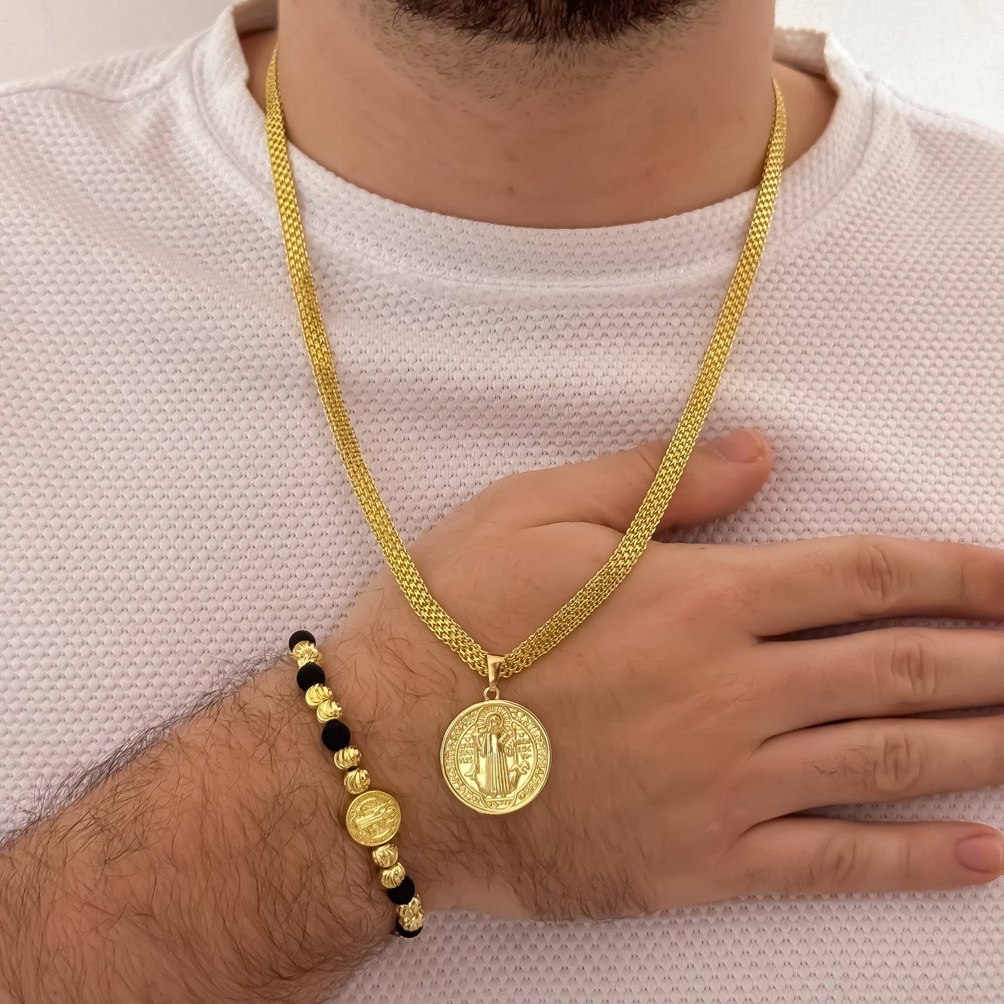 Cadena Tejido Chino de 60cm de 5m Grueso + San Benito Redondo + Pulseras Italiana de 6mm con Neopreno en Oro laminado 18k con Garantia de por vida