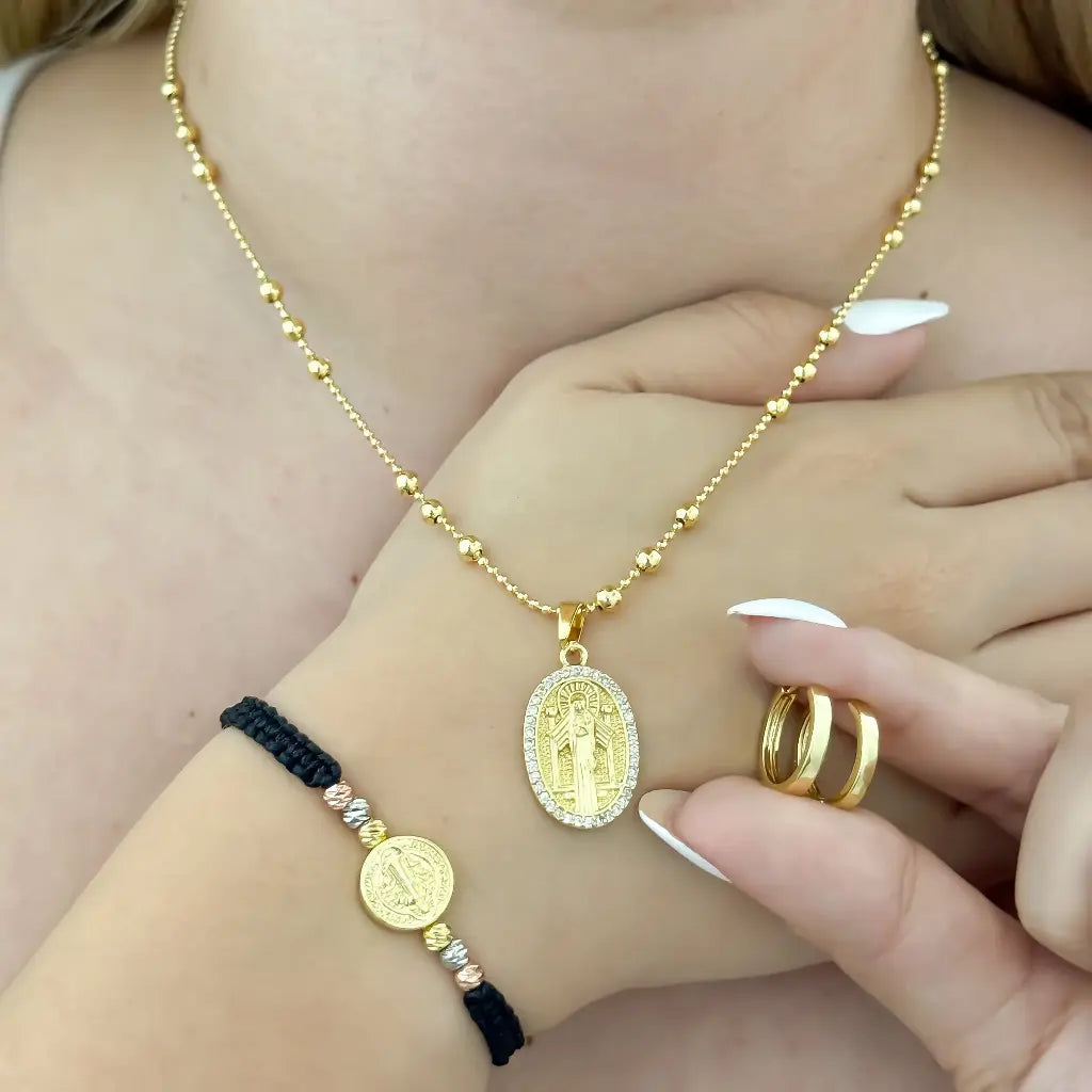 Conjunto San Benito cadena + Pulsera San Benito + Candongas en Oro laminado 18k con Garantia de por vida