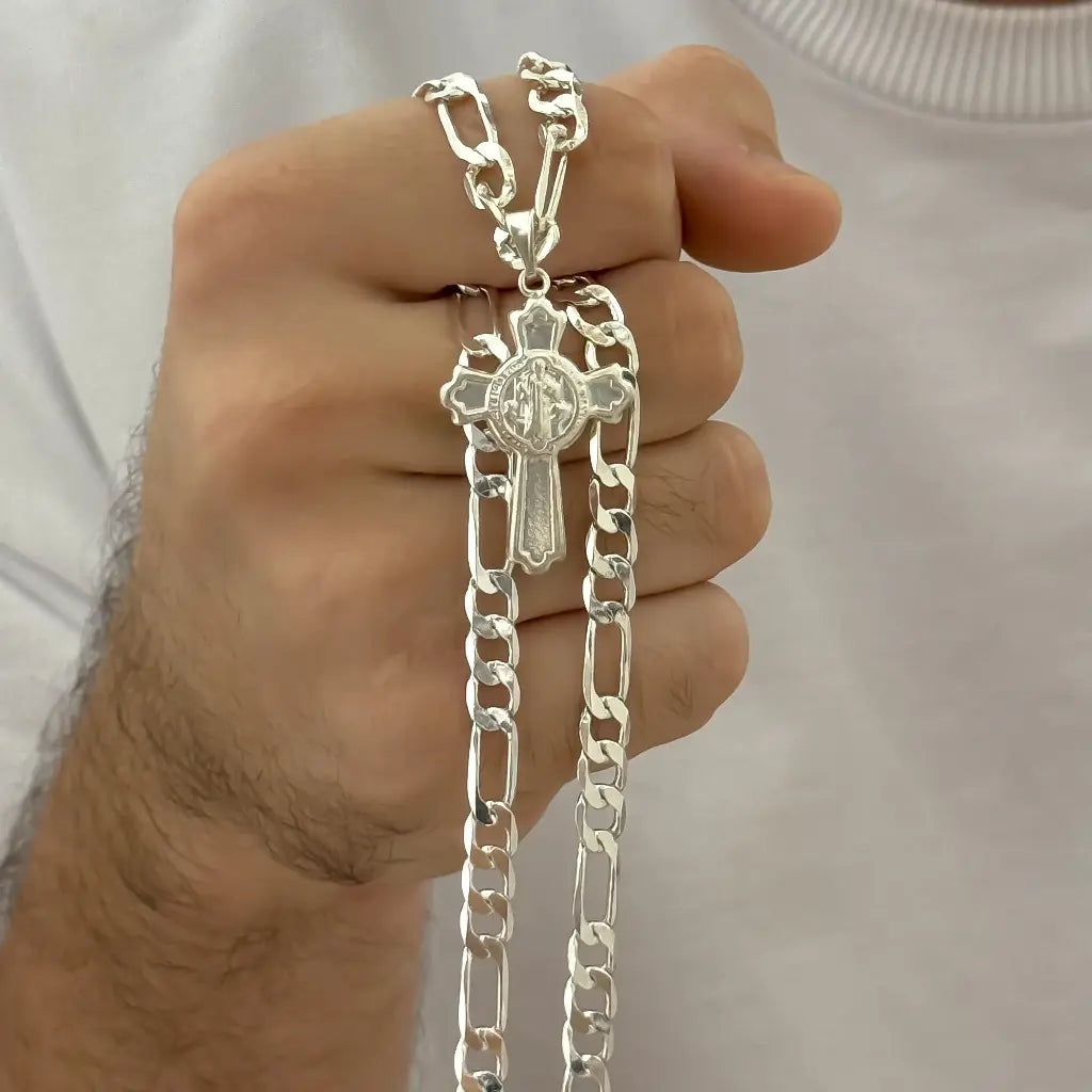 Cadena Tejido Catier 60cm-5mm + Cruz San Benito Proteccion en Plat 925 con Garantia