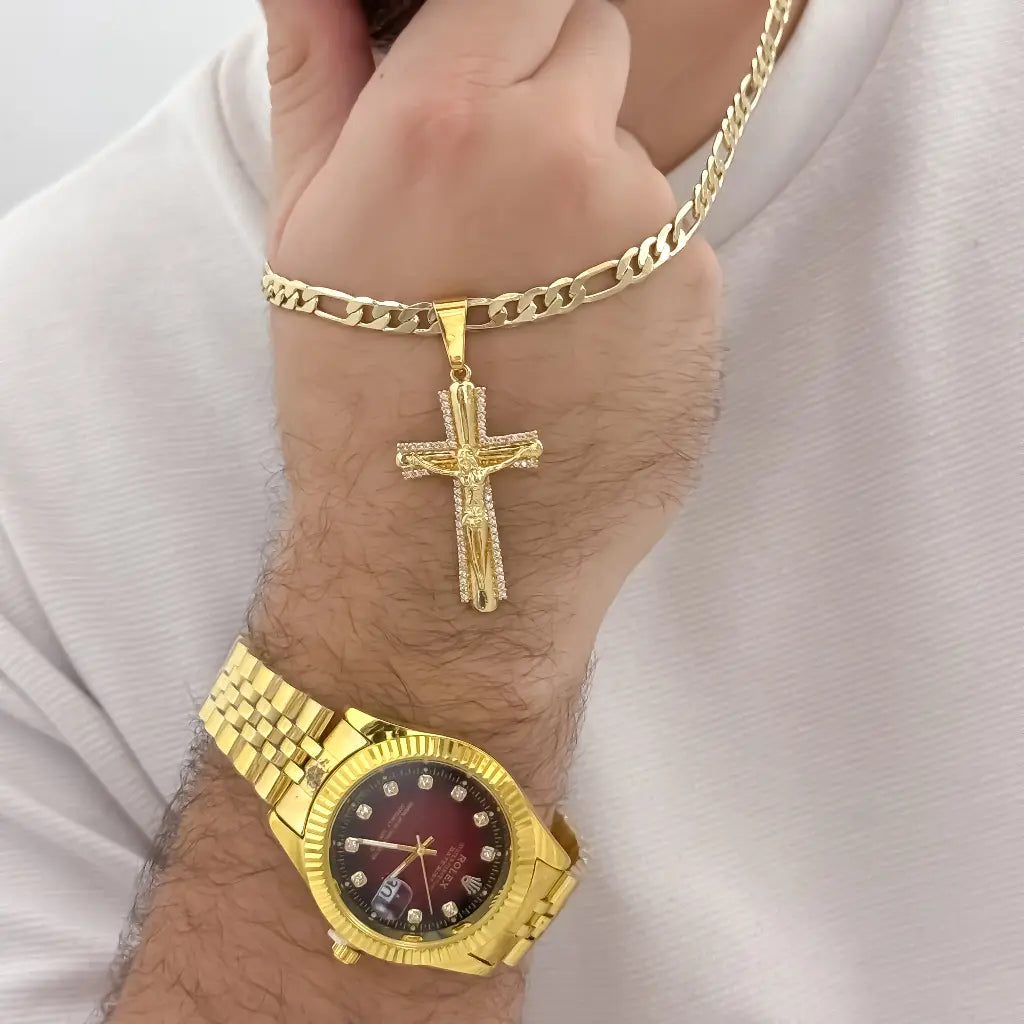 Cadena Tejido Catier de Hombre 60cm + Cruz cristo Madero con Micro circones en Oro Laminado 18k con Garantia de por vida