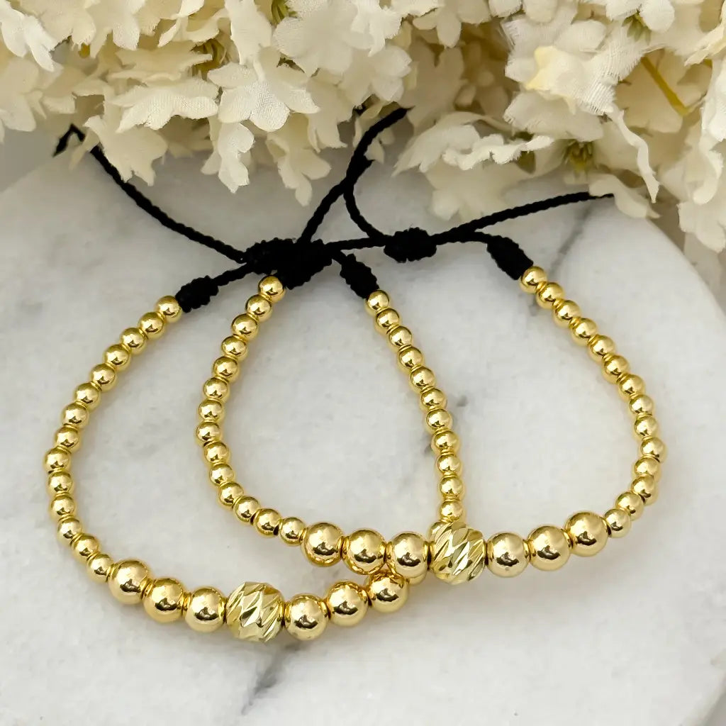 2 Pulseras Union para parrejass Full Balines 4mm con Bola de la mitad Italiana en Oro laminado 18k con Garantia de por vida