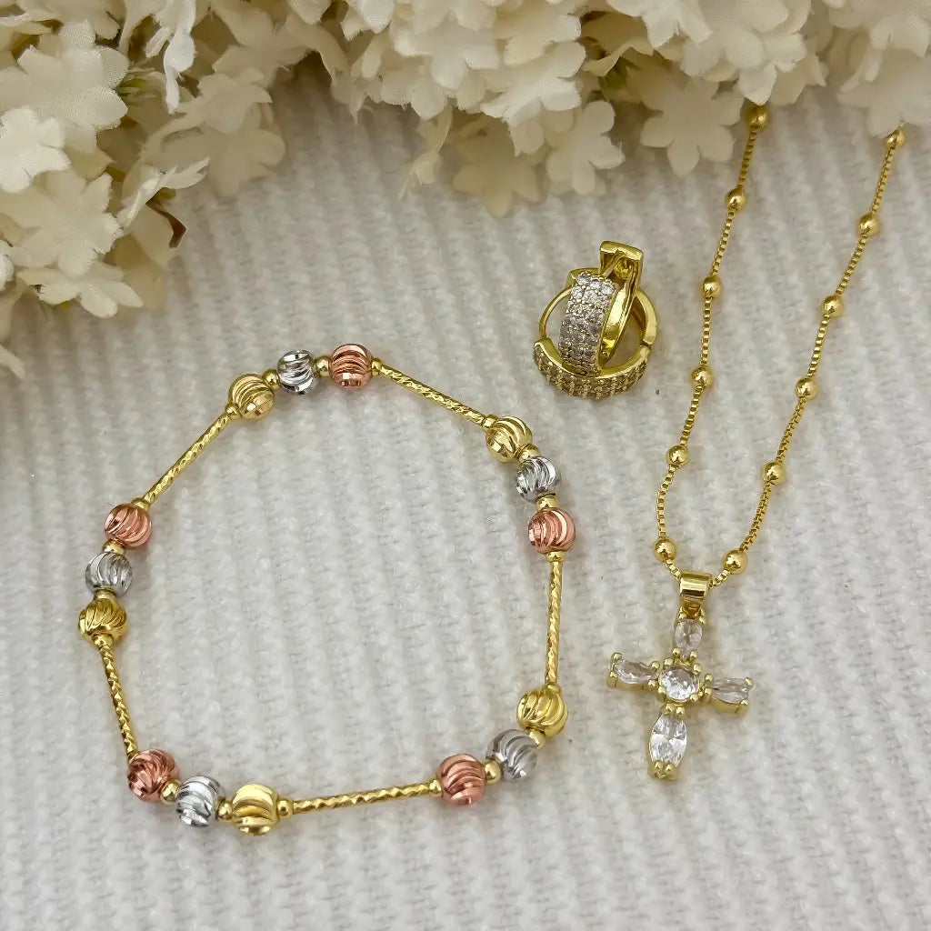 Juego de Dama Cadena Veneciana Doble Balin + Cruz circones + Pulsera Balin italaino de 4mm + Candongas con micro circón en Oro Laminado 18k con Garantia de por vida