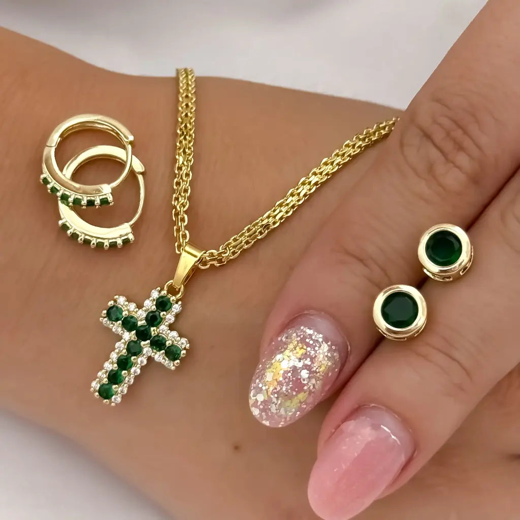 Cadena Tejido chino de dama de 45cm -3mm de grosor + Cruz Verde Esmeralda + Candongas verde esmeralda + Topo verde Esmeralda en oro Laminado 18k con Garantia de por vida