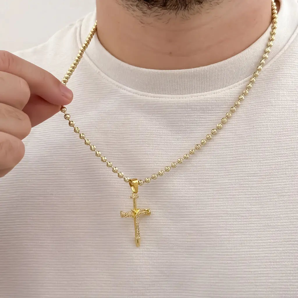 Cadena Tejido Militar de hombre de 60cm de 4.5mm de Grosor + Cruz Clavo de Micro circones Cristales en Oro Laminado 18k con Garantia de por vida