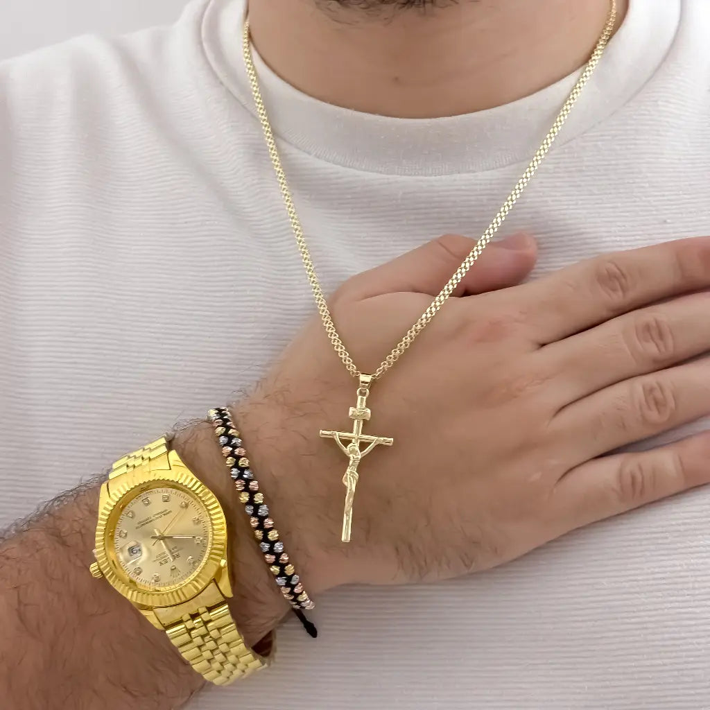 Cadena Tejido chino de Hombre 60cm 3 de Grosor + Cristo Madero de Proteccion + Pulsera Doble Balin Italiano de 5mm de 3 oro Laminado 18k con garantia de por vida