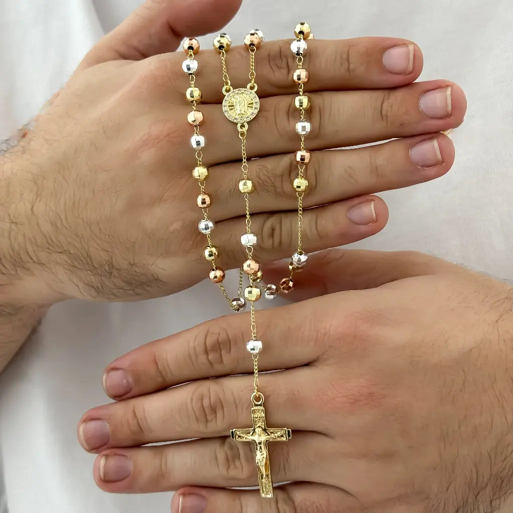 CAMANDULA DE VIRGEN DE GUADALUPE DE 3 OROS BALIN ITALAINO 8MM EN ORO LAMINADO 18K CON GARANTIA DE POR VIDA