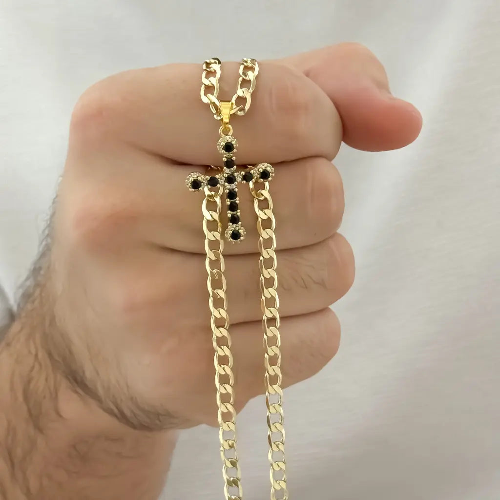 Cadena Cubana de Hombre Gruesa de 60cm de 5mm de Grosor + Cruz Trebol con Micro circones negro en Oro Laminado 18k con Garantia de por vida