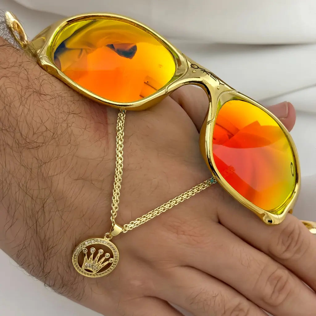 Cadena Tejido Chino 60cm -3mm de Grosor + Dije Corona Rolex en Oro Laminado 18k con Garantia de por vida + Obsequio Gafas oakley