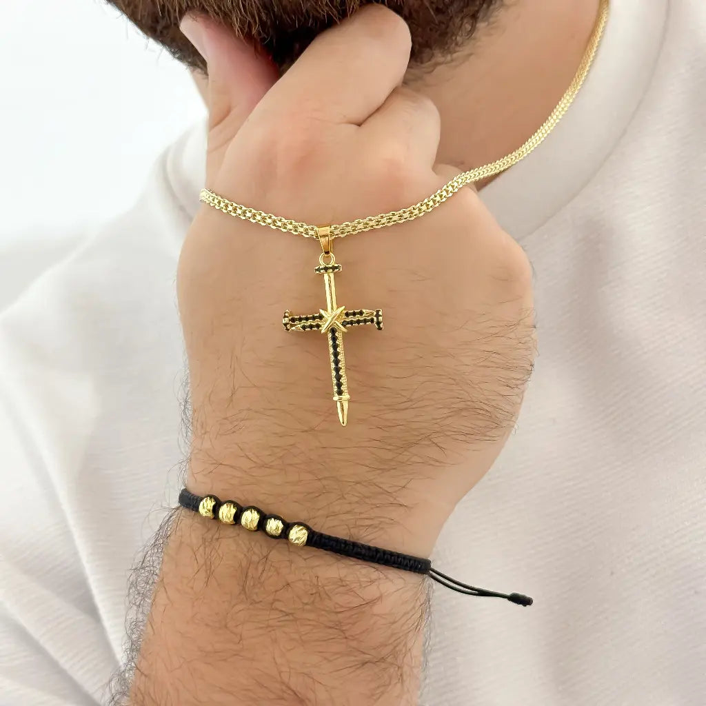 Cadena Tejido Chino 60cm -3mm + Dije Cruz Clavo Cruz + Pulsera Balin Italaino 6mm en Oro Laminado 18k