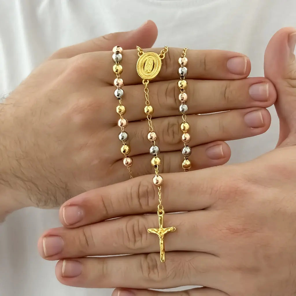 CAMANDULA DE VIRGEN DE GUADALUPE DE 3 OROS 65CM BALIN 7MM EN BAÑO DE ORO DE 18K CON GARANTIA