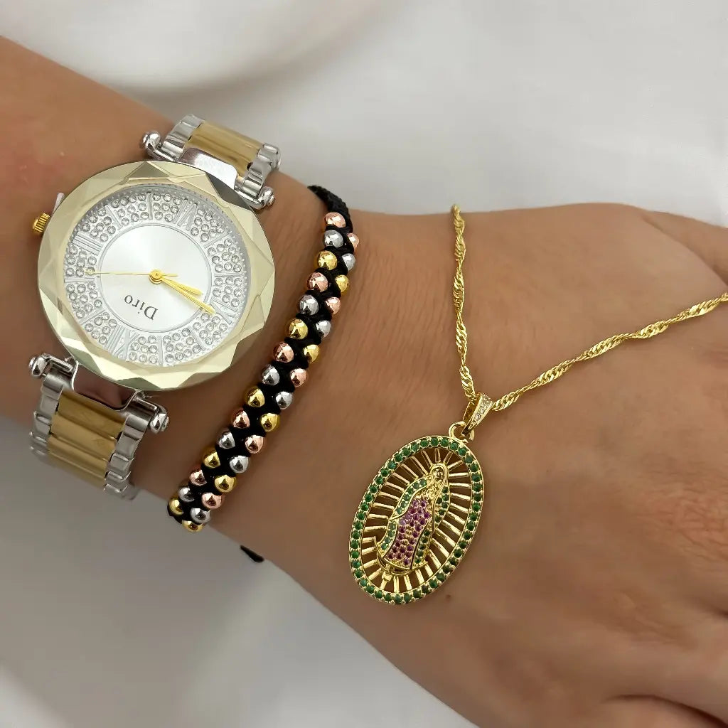 Cadena Tejido Singapur 45cm + Virgen Guadalupe con Circones Verde + Pulsera Doble Balin 4mm de 3 Oros en Oro Laminado 18k + Reloj Dior con garantia de por Vida