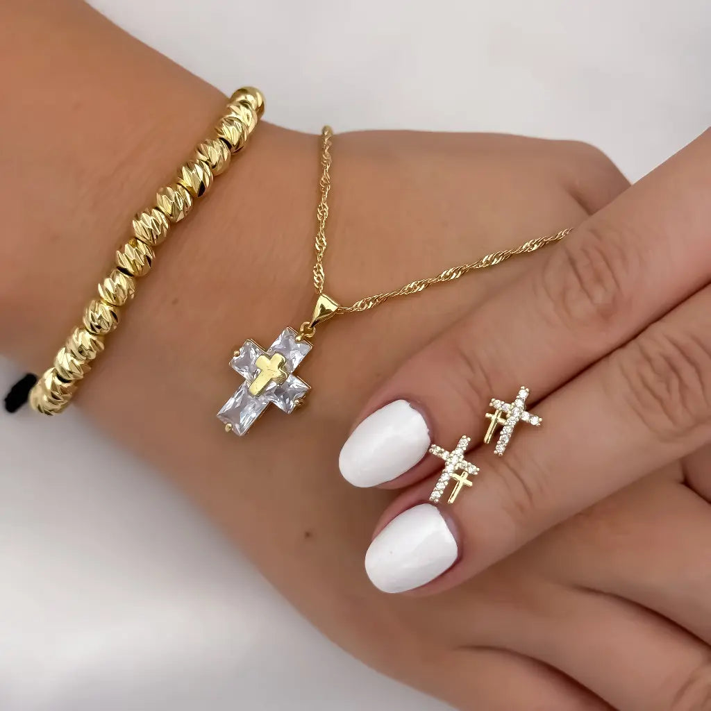 Cadena Tejido Singapur de Dama de 45cm + cruz con circones cristales +Topo Cruz + Pulsera Balin italiano de 5mm en oro Laminado 18k con Garantia de por vida