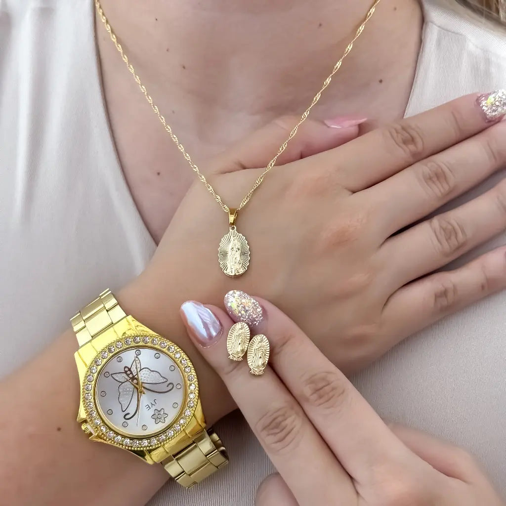 Juego de Dama Cadena Singapur + Dije de guadalupe + Topo guadalupe en oro Laminado 18k con Garantia de por vida + Reloj de Dama Magic