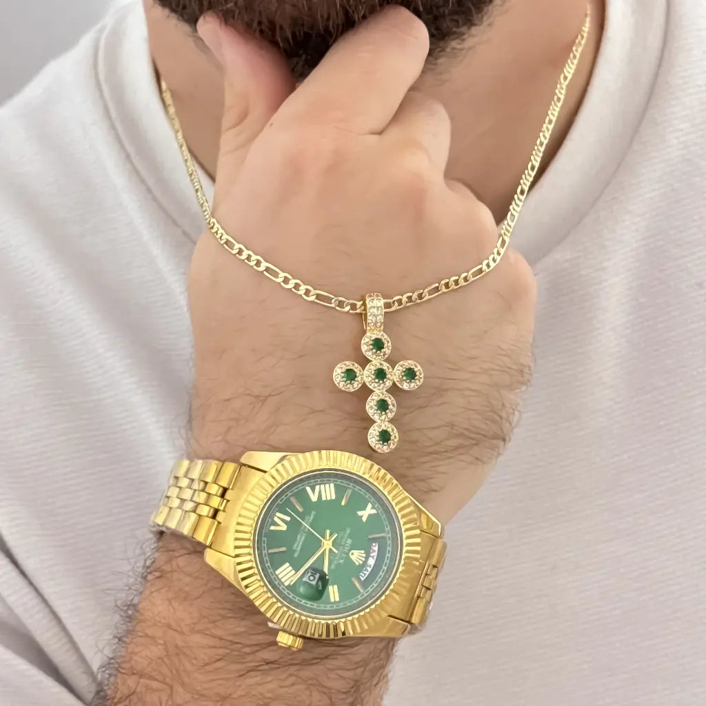 Cadena Tejido Catier de 60cm de 3mm de Grosor + Cruz Verde Esmeralda en Oro Laminado 18k con Garantia de por vida + Reloj Rolex de Alta Calidad Verde con Garantía