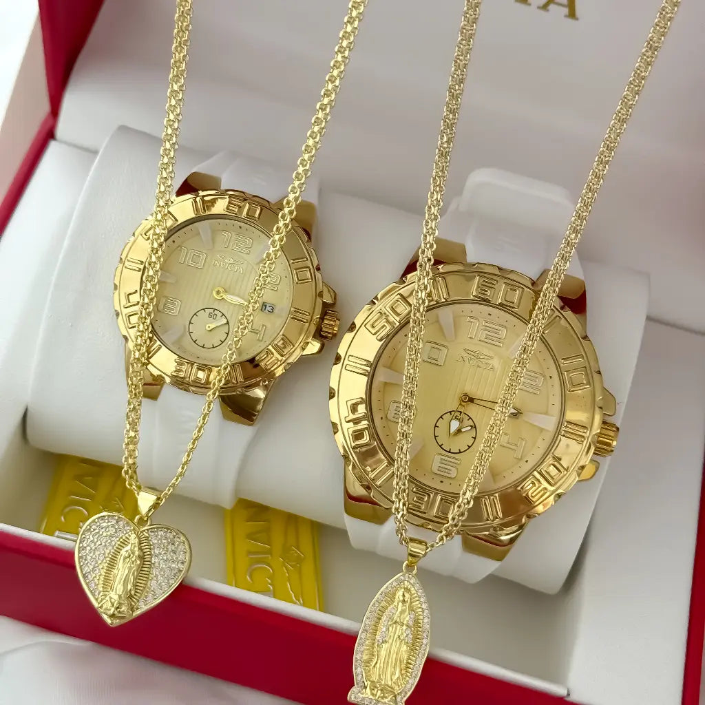 Juego de Cadenas para Parejas Tejido Chino Hombre 60cm + Dama 45cm + Dije de Virgen Guadalupe Proteccion en Oro Laminado 18k con Garantia de por vida + Reloj Invicta de parejas con Garantia