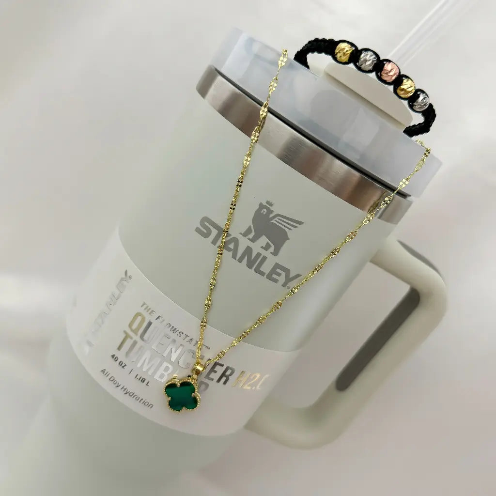 Cadena Tejido Crispeta 45cm + Trebol Verde de la buena Suerte + Pulsera Balin 4mm Balin Italiano de 3 Oros en Oro Laminado 18k con Garantia + Obsequio Termo Stanley