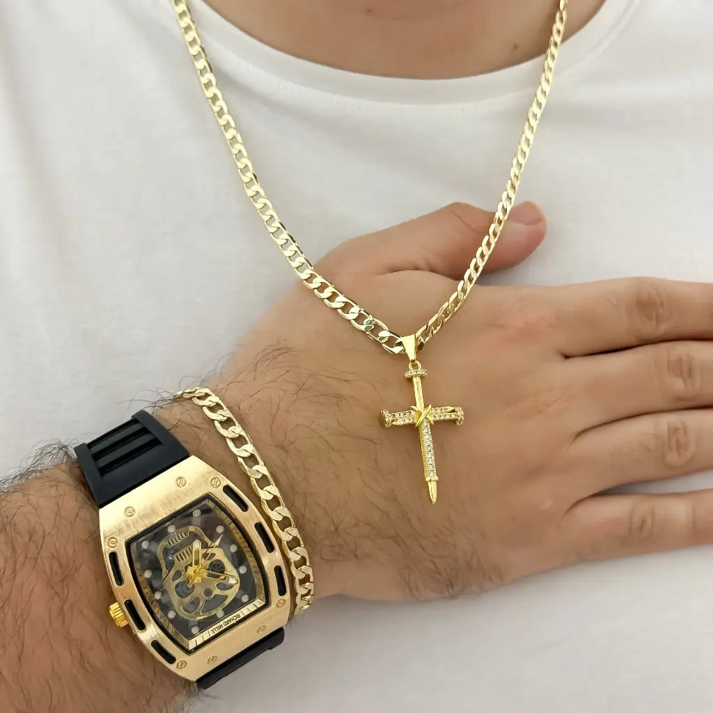 Juego de Cubana 60cm -5mm de Grosor + Cristo Clavo + Pulseras 20cm -5mm en Baño de Oro de 18k + Reloj Richar Mille