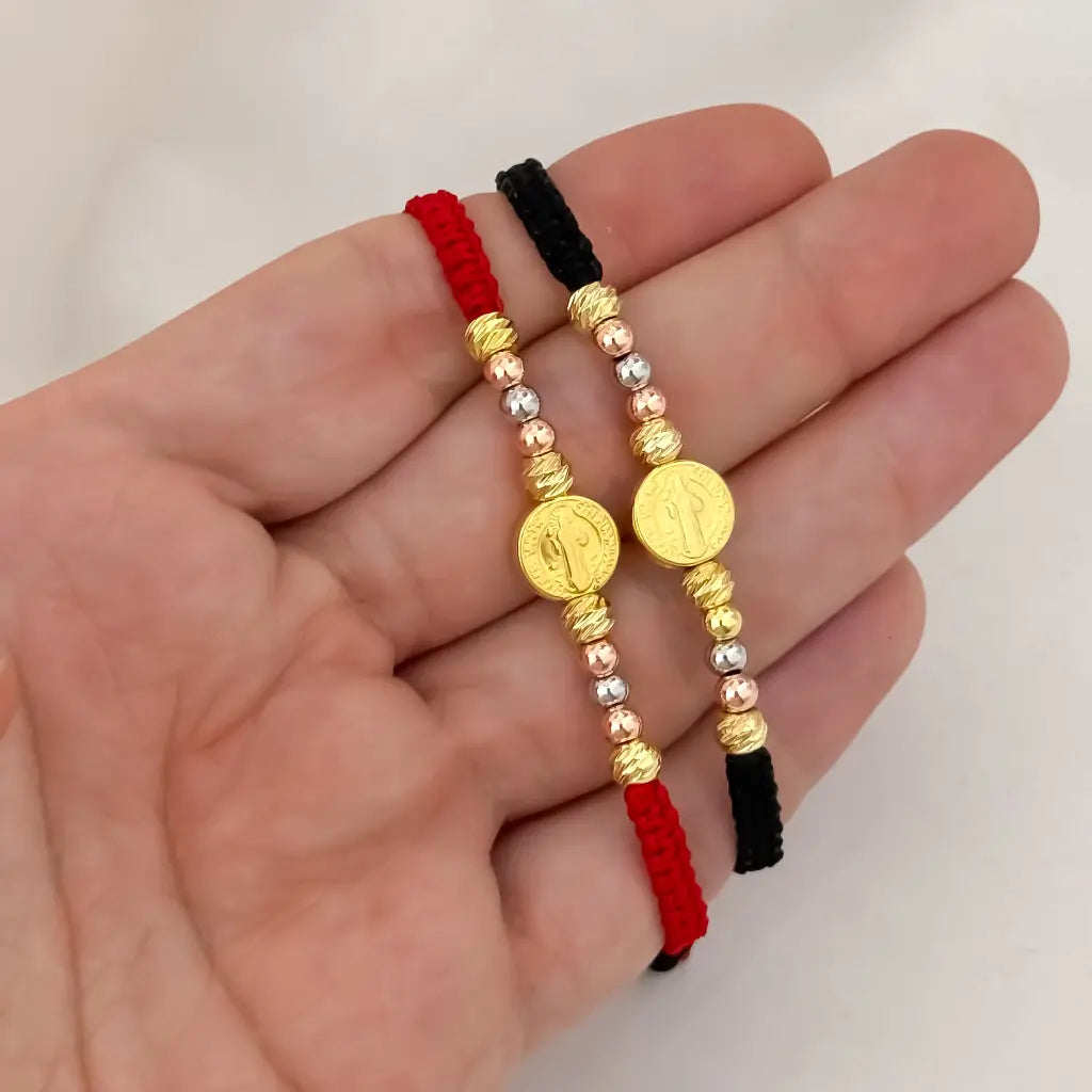 Promocion de 2 Pulseras de San Benito Protección con Balin Italiano de 6mm en Oro Laminado 18k con Garantia de por vida