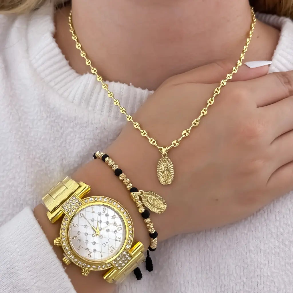 Cadena Tejido Gucci de Dama de 45cm de 3mm de Grosor + Virgen de Guadalupe Tallada + Pulsera Virgen de Guadalupe en Oro Laminado 18k con Garantia de por vida + Reloj de Dama de alta calidad