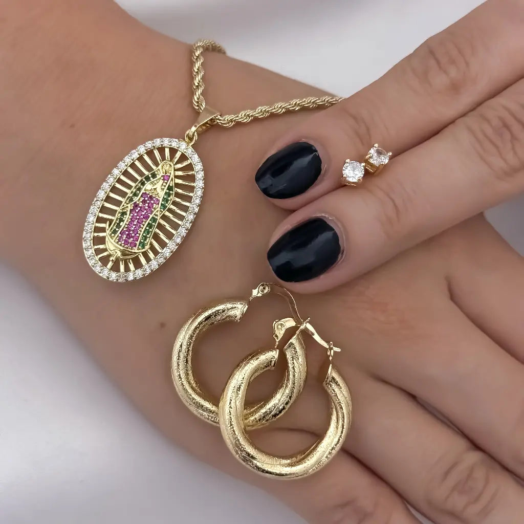 Cadena Tejido Lazo de Dama de 45cm de 3mm de Grosor + Virgen Guadalupe + Topo con micro circones + Candongas Tubular en Oro Laminado 18k con Garantia de por vida