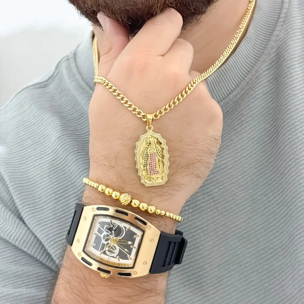 Conjunto de Cadena Cubana + Virgen Guadalupe + Pulsera Full Balines en Oro Laminado 18k con Garantia de por vida + Reloj Richar Mille