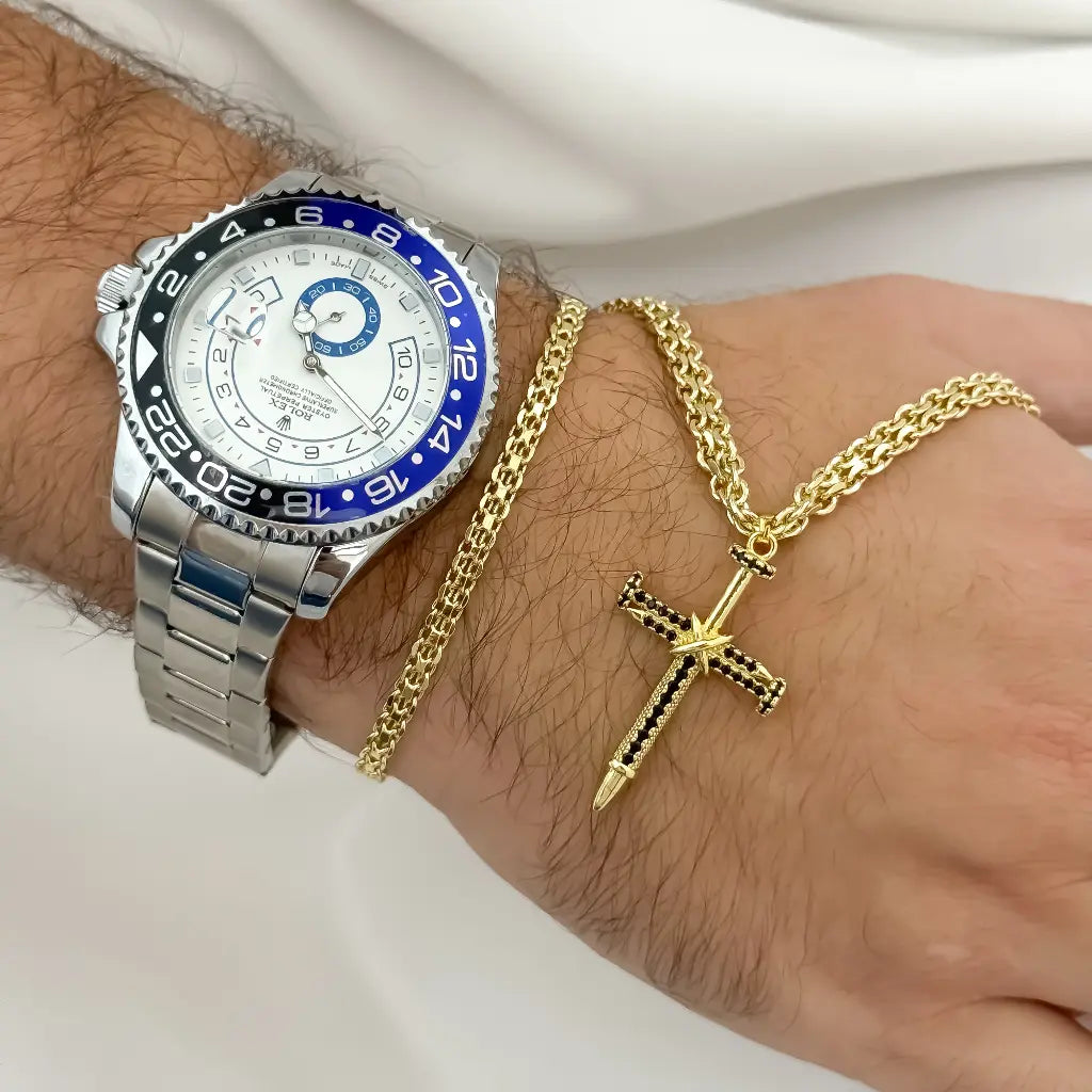 Cadena Tejido Chino hombre 60cm + Cristo Cruz Clavo circones negro + pulsera 20cm en Oro Laminado 18k + Reloj Rolex de Alta gama con Garantia