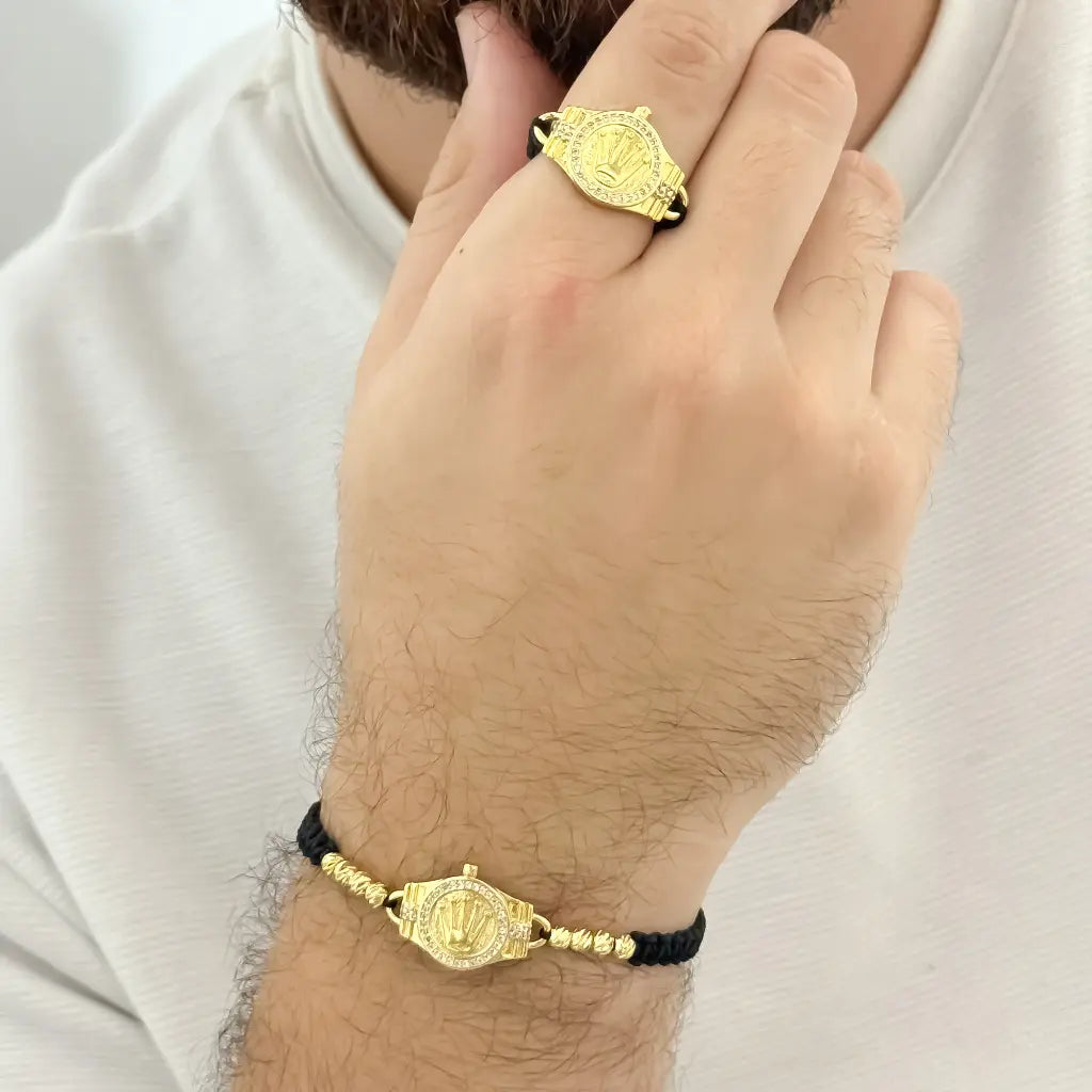 Juego de Pulsera Balin italaino con Dije de corona Rolex + Anillo Tejido Corona Rolex en Oro Laminado 18k con Garantia de por vida