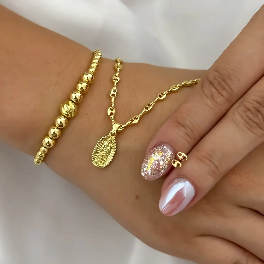 Conjunto para Dama Cadena Tejido Gucci + Virgen Guadalupe + Topo Gucci + pulsera balin 4mm en Oro laminado 18k con Garantia de por vida